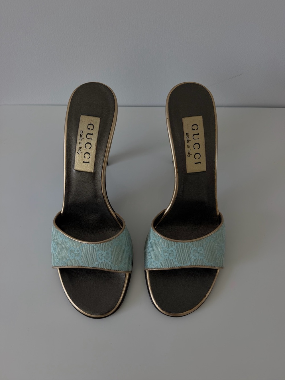 Gucci Women's Pale Teal Monogram Open-Toe Slide Heels